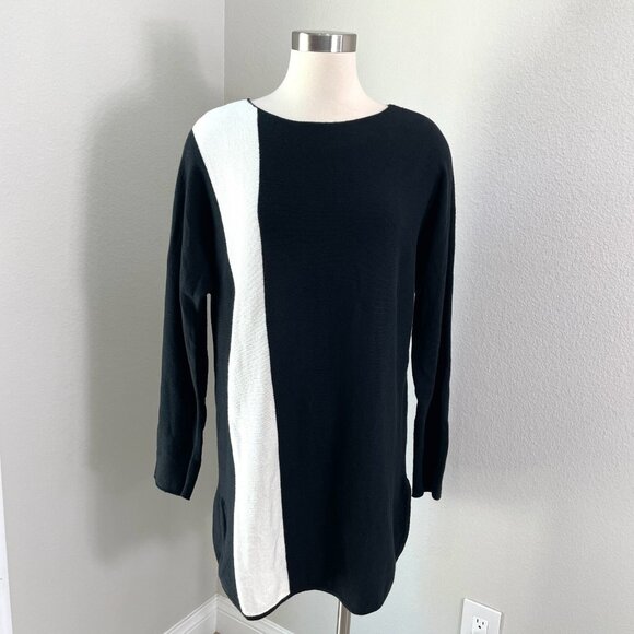 Ann Taylor Womens Large Colorblock Sweater Long Sleeve Knit Top Black White - Picture 1 of 13